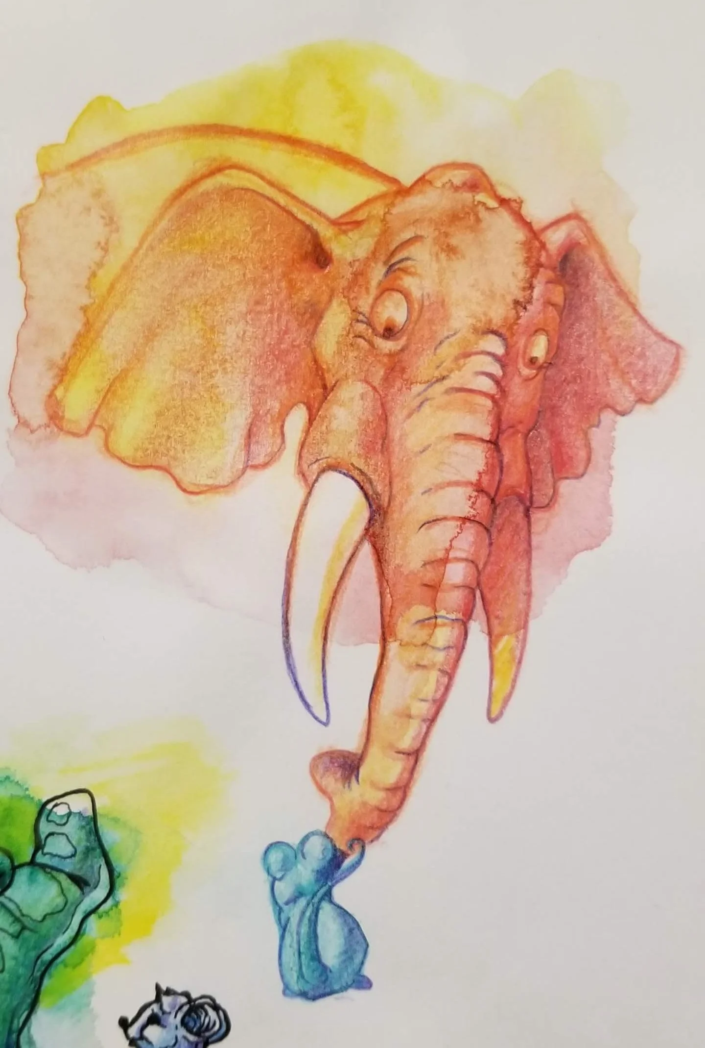 Warm watercolor portrait of elephant head with trunk and tusks in dreamy haze